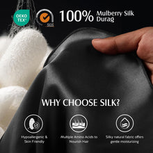 Load image into Gallery viewer, YFONG 100% 22 Momme Mulberry Silk Durags for Men Women, Extra Long Strap Silky Durag, Breathable and Soft Do Rag for 360 Waves, Perfect for Nourishing Your Hair and Fashionable Outfits, 1Pc, Black