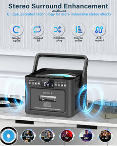 Greadio Boombox CD and Cassette Player Combo, 5000mAh Rechargable CD Player Boombox with Bluetooth Receive/Transmit/FM Radio/USB/TF/AUX/Remote Control, Boom Box Cassette Player for Home Outdoor