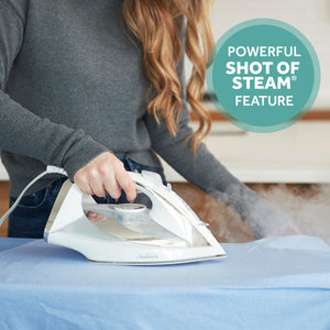 Sunbeam Turbo Steam Iron, 1700 Watt, Nonstick Ceramic Soleplate, Horizontal or Vertical Shot of Steam, Quick Heating, 3-Way Auto-Off, White and Chrome,9.3"L x 3.7"W