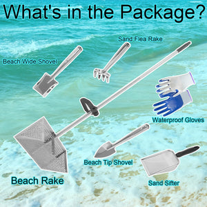 Sand Flea Rake Detachable Long Handle Sand Sifter for Beach Sharp Teeth Wide Basket Sand Fleas Catcher Stainless Steel Sand Crab Catcher for Travelling