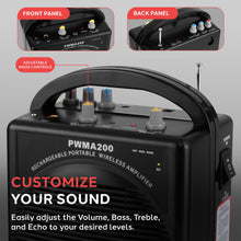 Load image into Gallery viewer, Pyle Portable PA Speaker &amp; Microphone System - FM Stereo Radio, Built-in Rechargeable Battery, Aux &amp; Microphone Inputs, Includes Beltpack, Hand-held Headset &amp; Lavalier Mics - Black