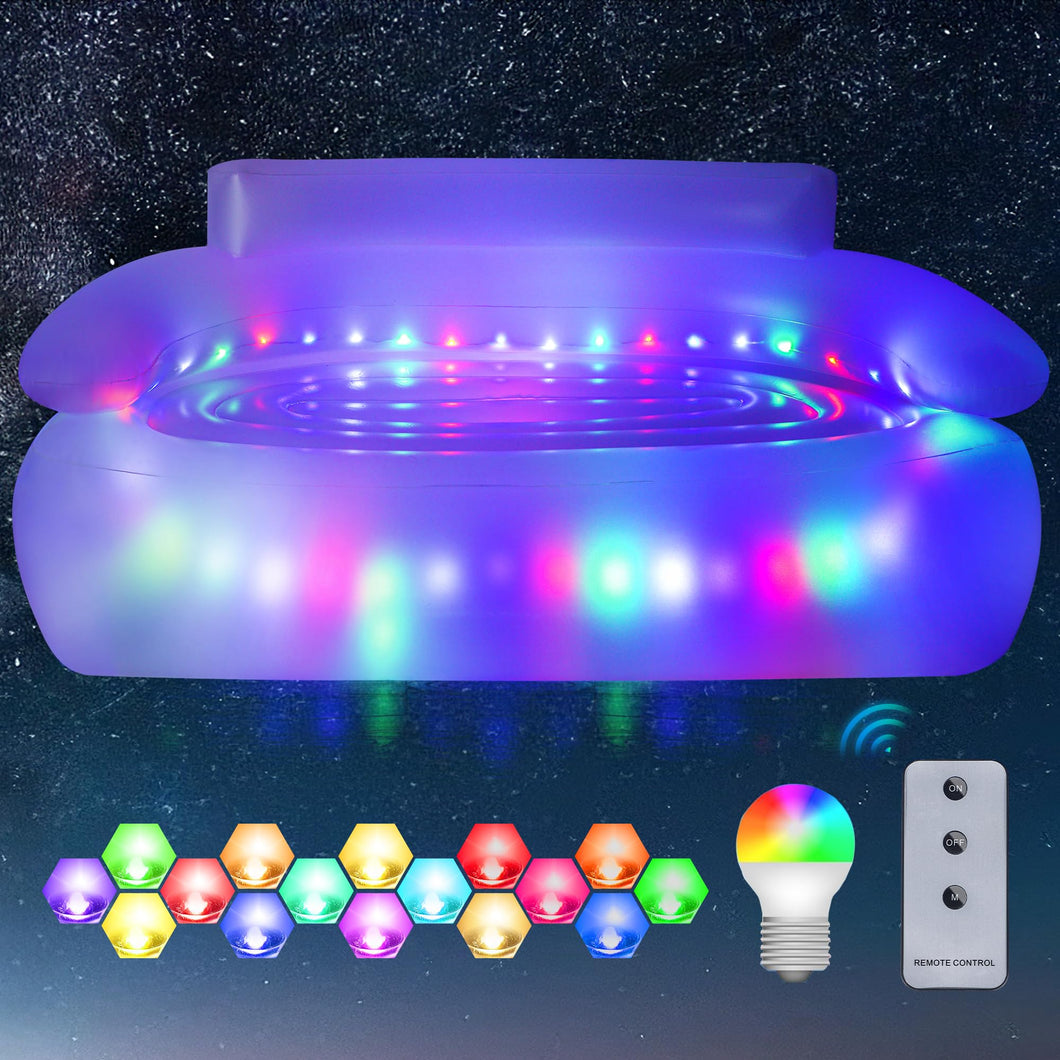 MIICASA Double Inflatable Couch Sofa Camping Chair, LED Inflatable Chair with Lights, Blow Up Illuminated Air Lounger Chair with Electric Pump, Indoor Outdoor Automatic Inflatable Sofa for Room Yard