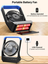 Load image into Gallery viewer, Battery Operated Fan, Camping Fan Battery Powered, Super Long Lasting, Portable D-Cell Battery Powered Desk Fan with Timer, 3 Speeds, Quiet, 180° Rotation, for Office,Bedroom,Outdoor, 5&#39;&#39;, Blue