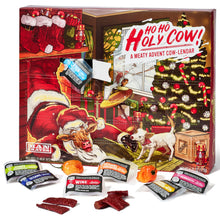 Load image into Gallery viewer, Man Crates Jerky Advent Calendar 2024 Featuring &quot;Ho-Ho-Holy Cow&quot; Artwork – Includes 25 Delicious Bites of Beef Jerky – Delicious Flavors Like Orange Habanero, Rootbeer and More