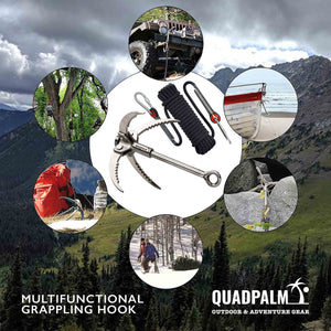 QUADPALM Grappling Hook with 10m Rope – Multifunctional Grapple Hook - 2 Locking carabiners - 4 Stainless Steel Folding Claws - Heavy Duty - Outdoor Camping Hiking Climbing Equipment (Black Rope)