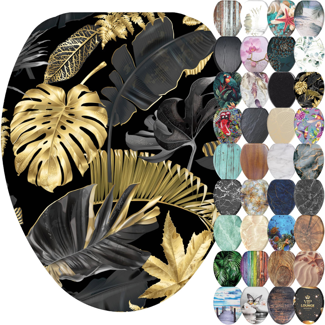 Sanilo Soft Close Toilet Seat ELONGATED, Quiet and Slow Close Lid and Seat, Strong Bumpers and Hinges, Golden Leaves