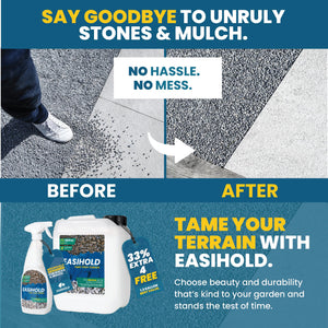 Easihold Gravel Binder 1.3 Gallon – Max Rock Glue for Pea Gravel & Stones. Long-Lasting Mulch Glue for Landscaping – Non-Toxic, Ready-to-Use Gravel Lockdown for Paths, Patios & Garden Borders