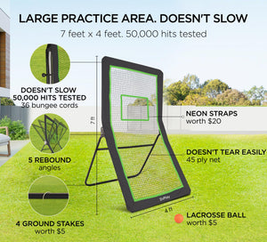 ZivPlay Lacrosse Rebounder for Backyard Lacrosse Bounce Back Net Volleyball Rebounder Net for Lax and Volleyball Practice Five Rebound Angles Includes Ball 7x4 ft