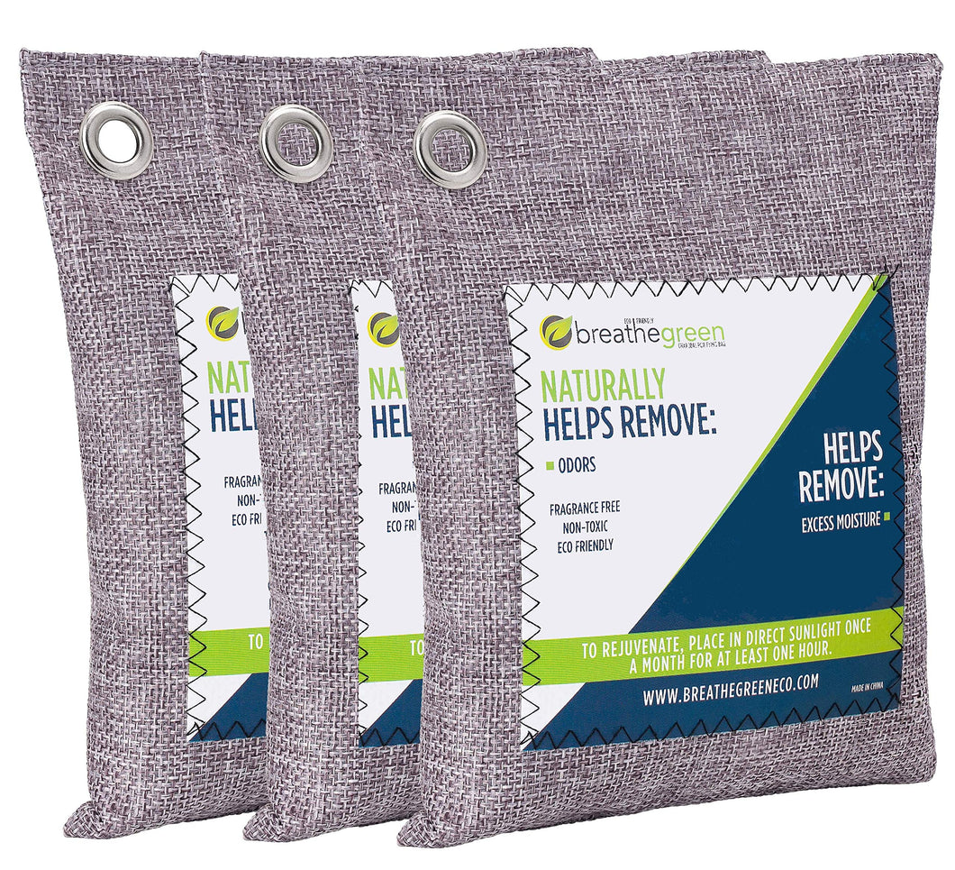 Breathe Green Bamboo Charcoal Bags Odor Absorber (3-Pack) Activated Charcoal Odor Eliminator Bag, Natural Freshener Removes Odors and Moisture, Odor Eliminator for Home, Pets, Car, Closet, RV